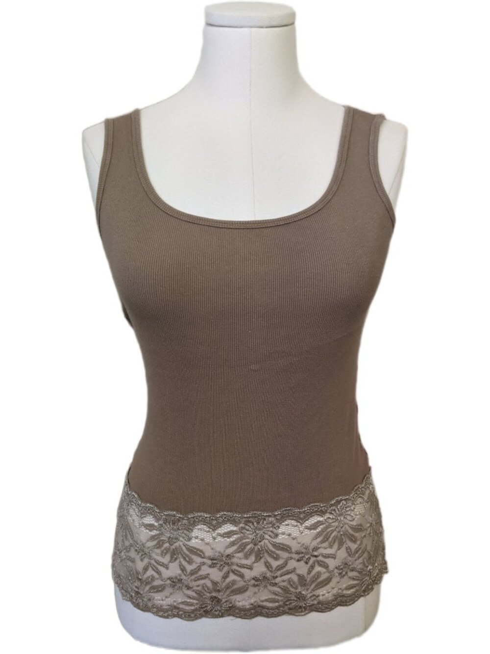 Vintage Y2K Brown Ribbed Cami Tank Top Wide Lace Trim Coquette 2000s Grunge S